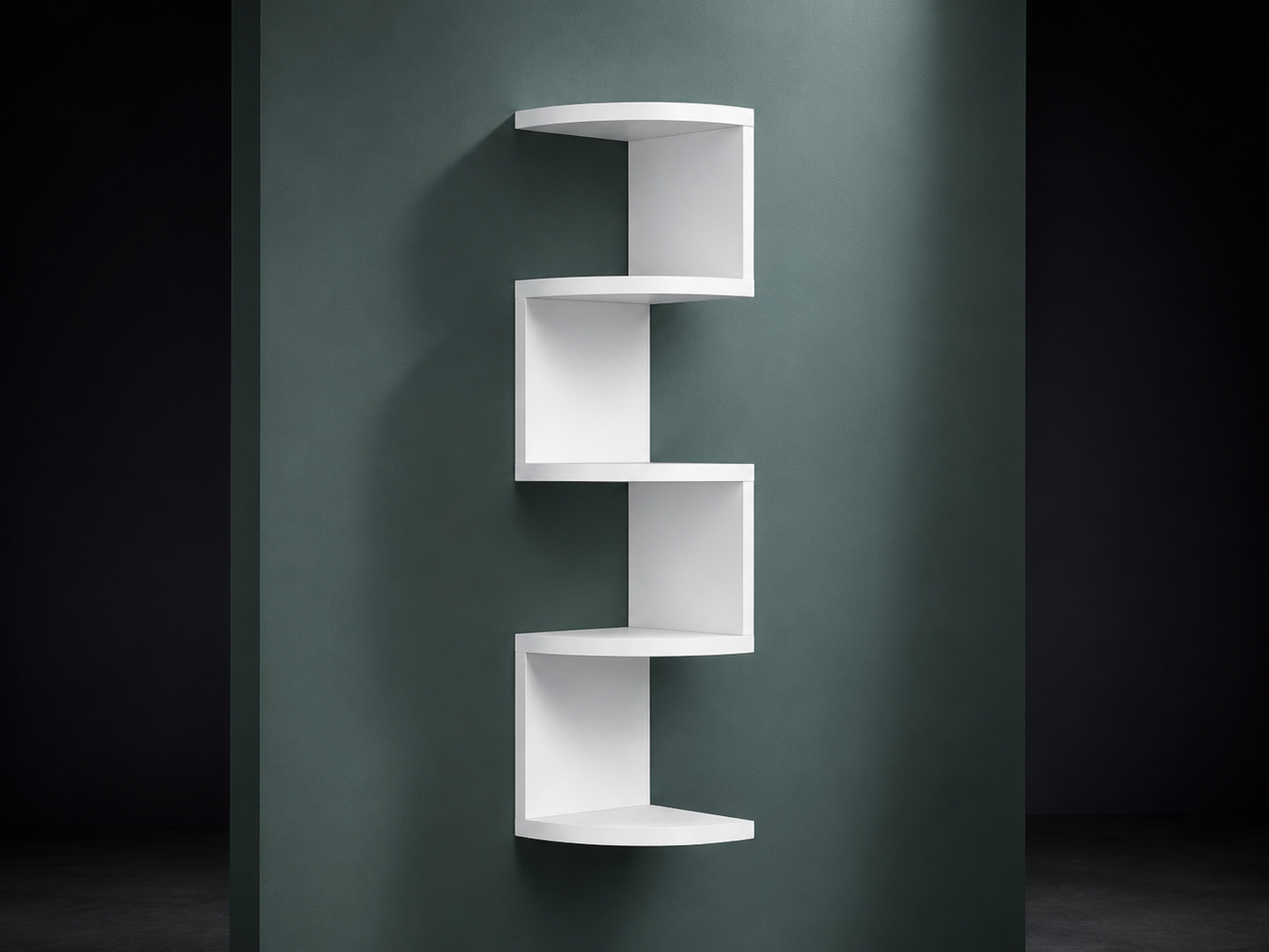 White zigzag corner wall shelf mounted on a muted green wall for modern home decor