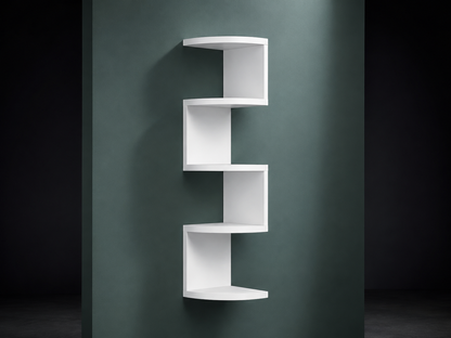 White zigzag corner wall shelf mounted on a muted green wall for modern home decor