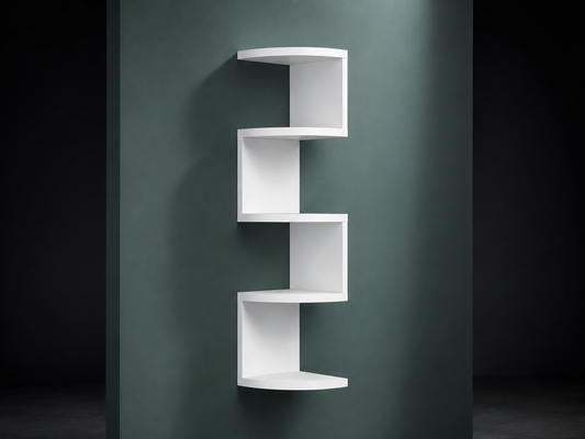 White zigzag corner wall shelf mounted on a muted green wall for modern home decor