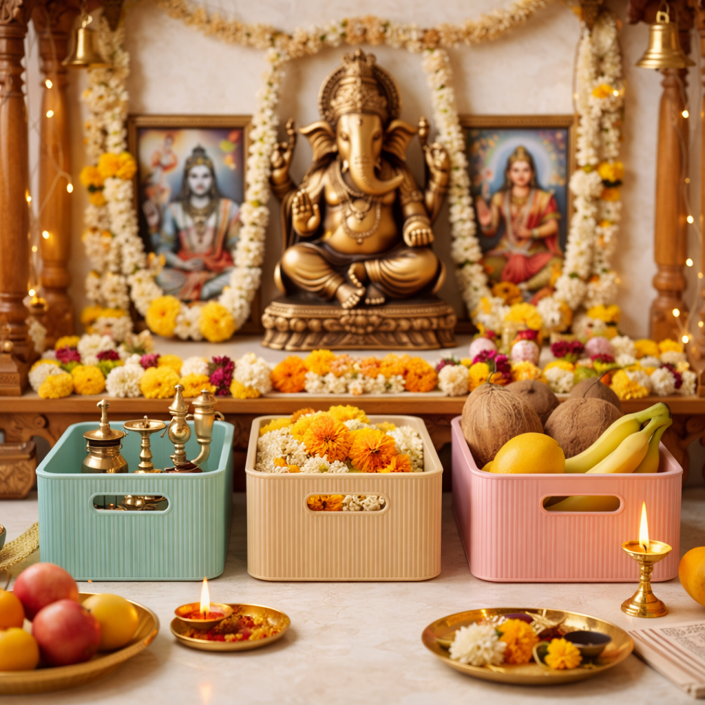 Decorative altar with a statue of a deity, flowers, and offerings in a home setting.