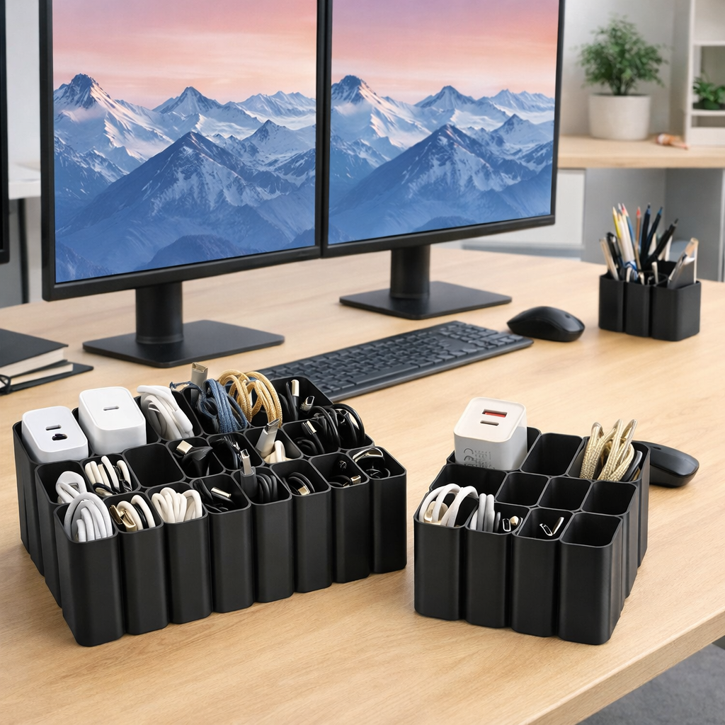Black desk organizers with stationery items on a wooden desk with computer setup.