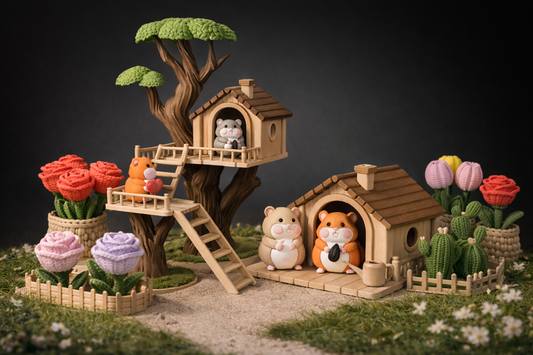 Toy animal figures with a treehouse and small houses on a dark background