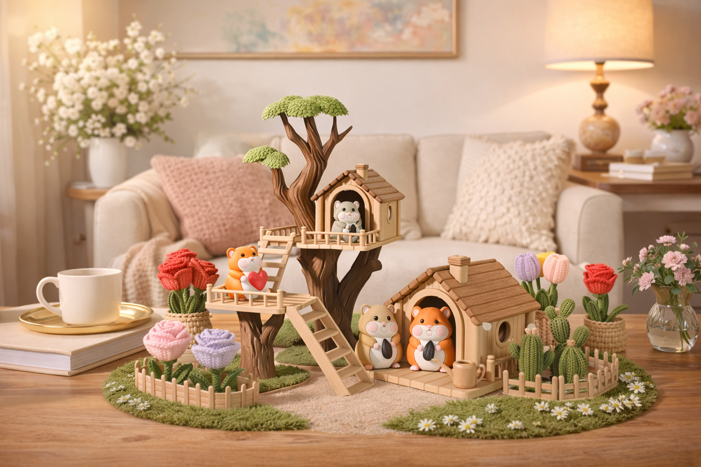 Miniature animal house set with trees, flowers, and animals on a wooden table.