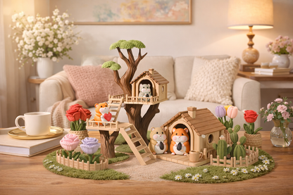 Miniature animal house set with trees, flowers, and animals on a wooden table.
