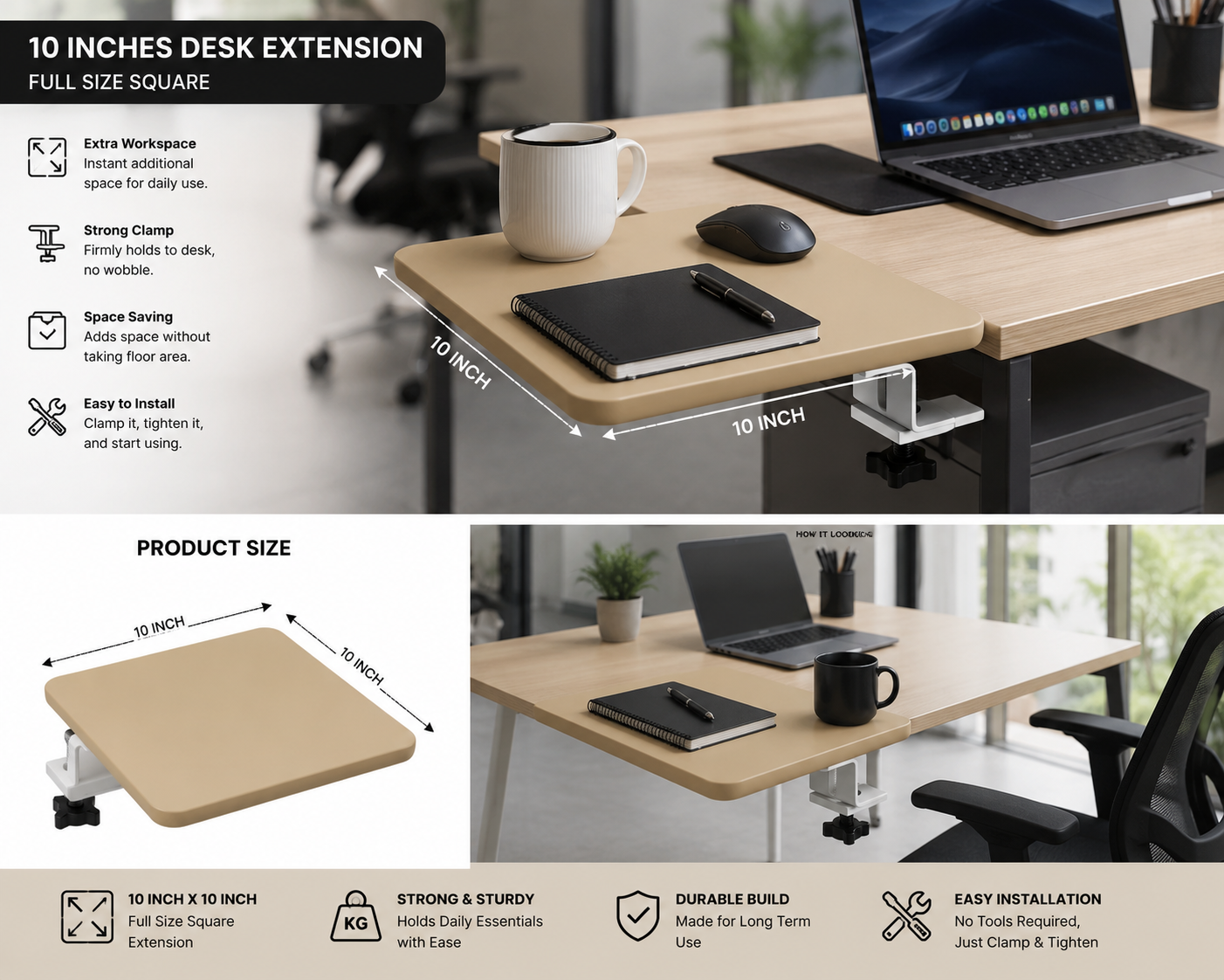 Round work from home desk extension for coffee mug, notebook, mouse, phone and daily essentials