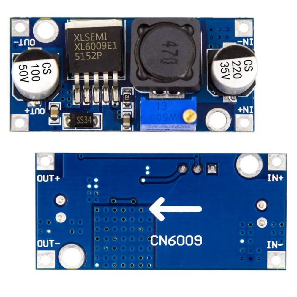 XL6009 DC-DC boost converter module used for adjustable step-up voltage conversion in Arduino, ESP32, battery, and DIY electronics projects