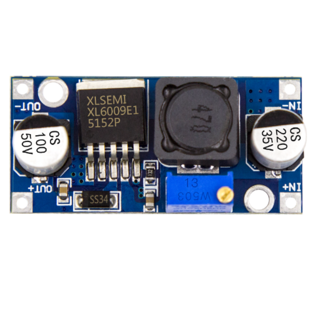 XL6009 DC-DC boost converter module for adjustable step-up voltage applications in Arduino, ESP32, battery-powered, and DIY electronics projects