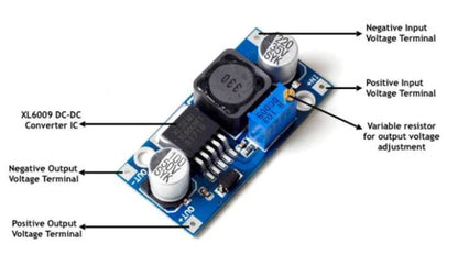 XL6009 DC-DC boost converter module with labeled input, output, and adjustable voltage terminals for step-up power applications in Arduino, ESP32, battery, and DIY electronics projects