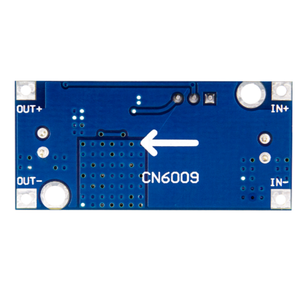 XL6009 DC-DC boost converter module back side showing input and output terminals for adjustable step-up voltage use in Arduino, ESP32, and DIY electronics projects