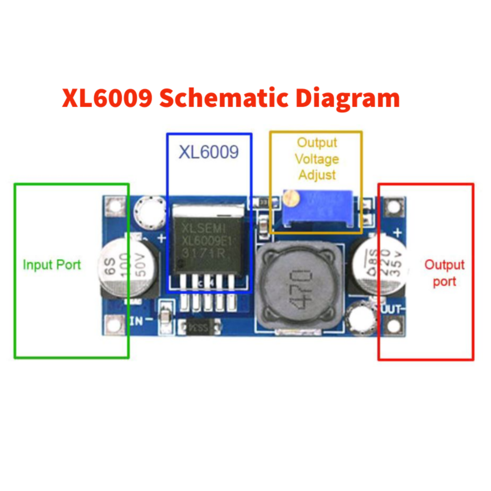 XL6009 DC-DC boost converter schematic diagram showing input port, output port, and adjustable voltage control for step-up power applications in Arduino, ESP32, and DIY electronics projects