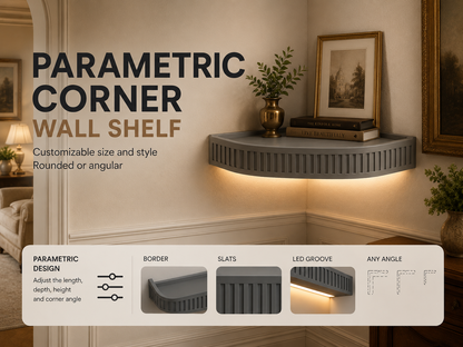 Parametric Corner Wall Shelf with Optional LED Groove – Customizable Rounded & Angular Design