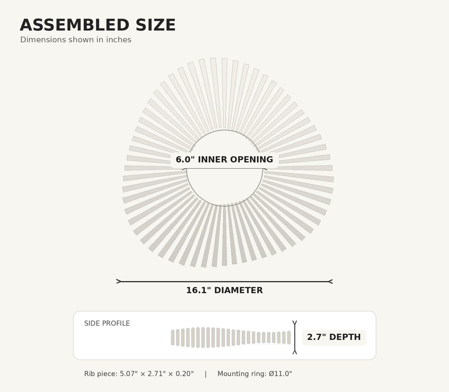 Assembled size diagram showing a circular fan-like product with labeled dimensions: 6.0-inch inner opening, 16.