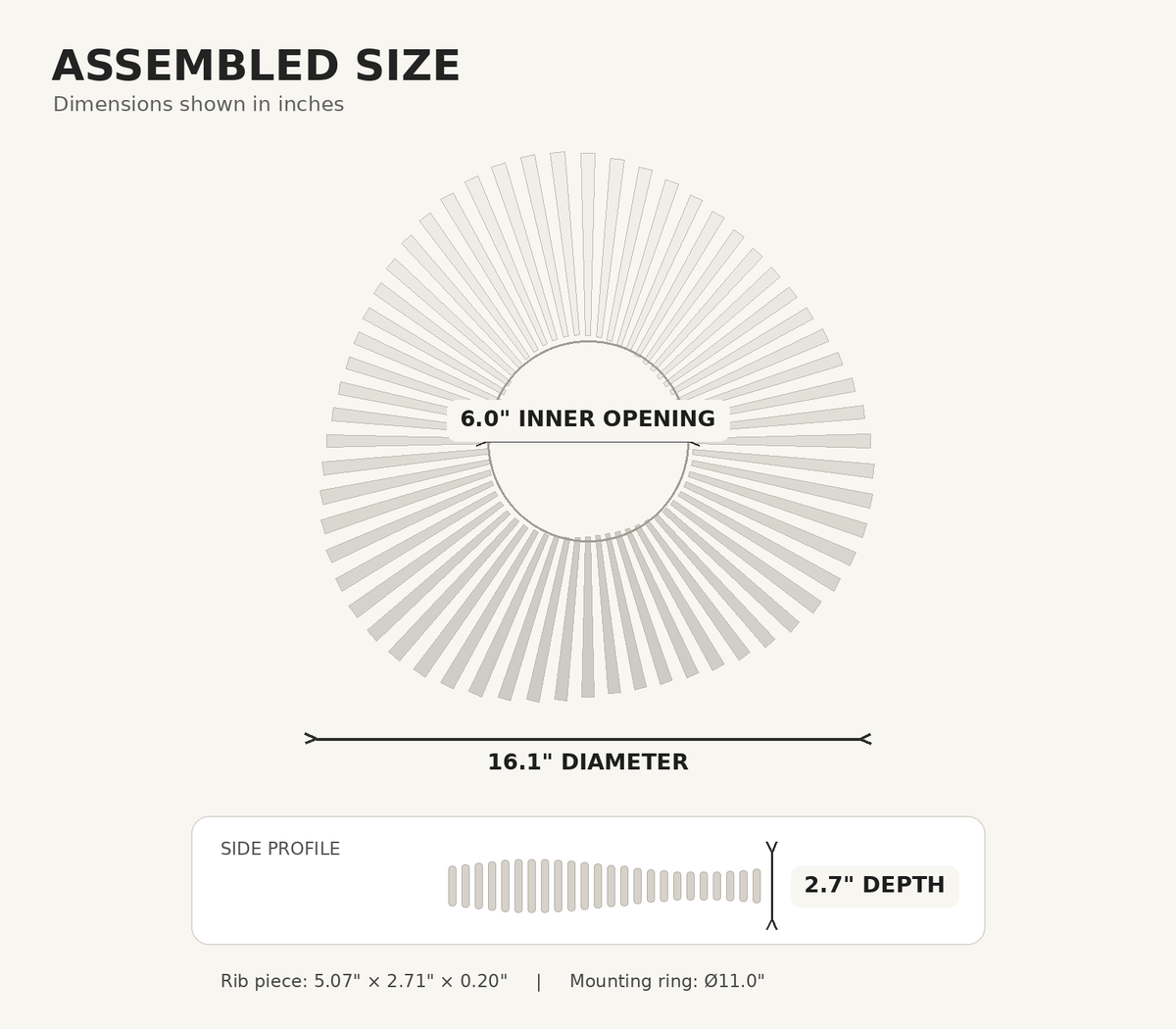 Assembled size diagram showing a circular fan-like product with labeled dimensions: 6.0-inch inner opening, 16.