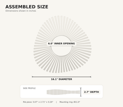 Assembled size diagram showing a circular fan-like product with labeled dimensions: 6.0-inch inner opening, 16.