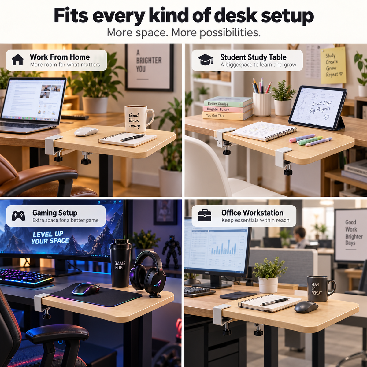 A four-panel promotional graphic showing a height-adjustable desk in different use cases: work from home, student study table, gaming setup, and office workstation. The desk is shown mounted on a chair or stand, with various desk accessories like monitors, mugs, notebooks, and headphones.