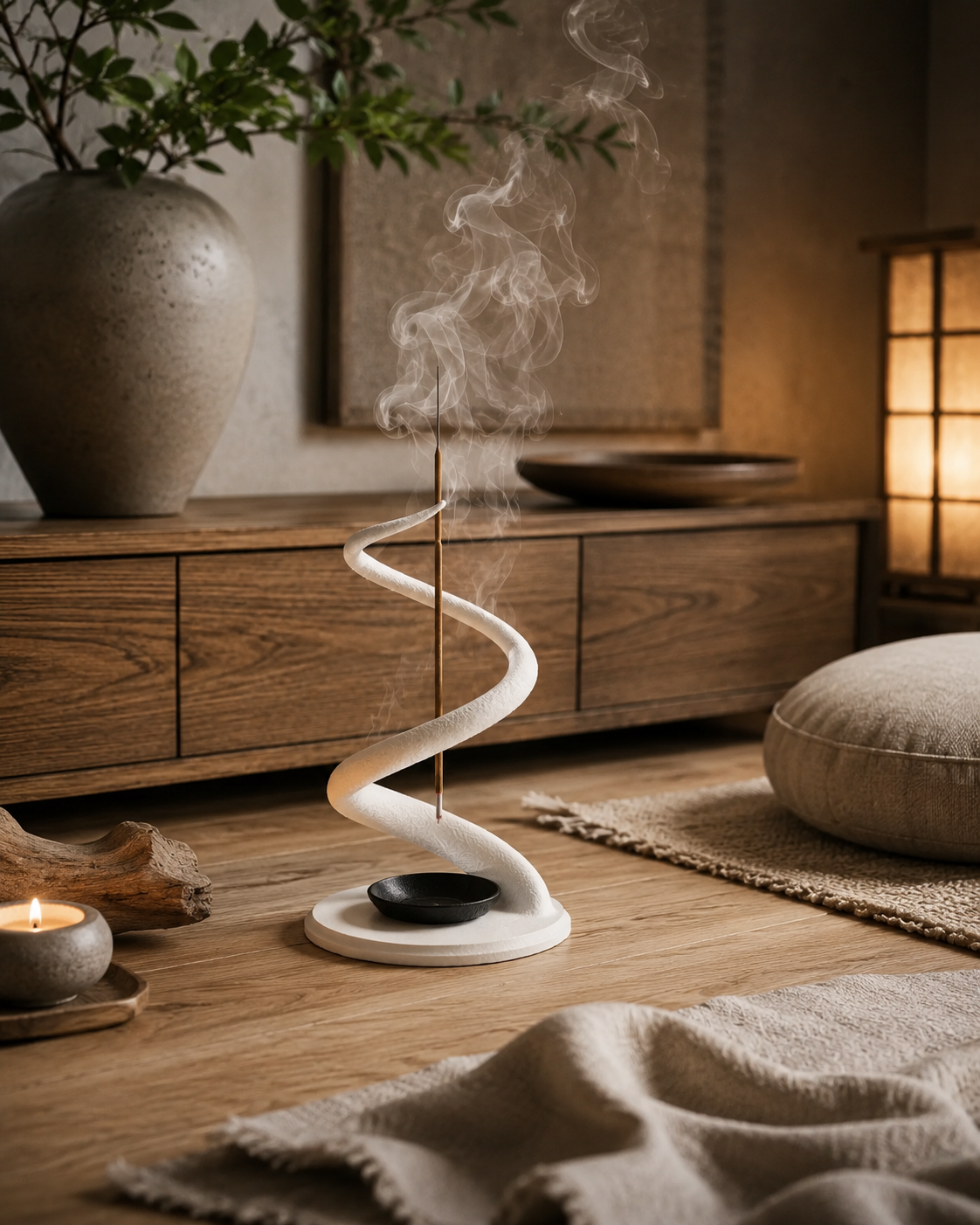 A white spiral incense holder with a smoking incense stick and a small black dish, styled on a wooden floor in a warm, Zen-inspired room with a wooden cabinet, vase, and lantern.