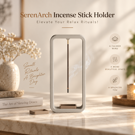 SerenArch Incense Stick Holder shown on a marble tabletop in a styled home setting with dried flowers, a candle, and soft sunlight. The product is a minimalist rectangular frame with a thin incense stick inside and a small tray at the base.