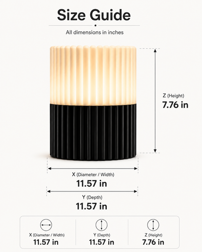 Size guide diagram showing dimensions of a modern ribbed table lamp with a black lower half and warm cream upper half, labeled with height 7.76 in and diameters/depths in inches.