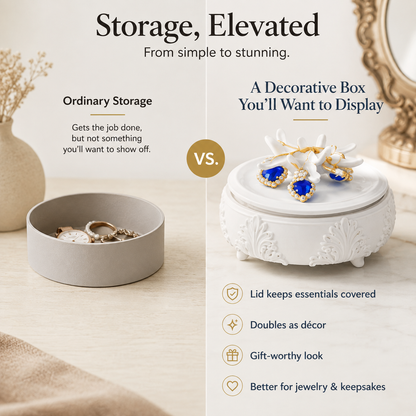 A styled comparison graphic for jewelry storage boxes. The left side shows a simple round gray box with rings inside, labeled 'Ordinary Storage.