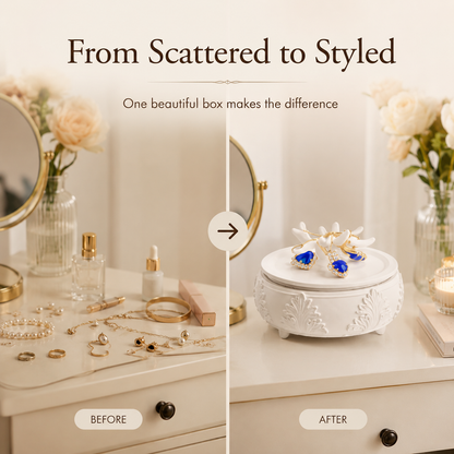 A before-and-after styled vanity scene showing jewelry scattered on a cream dresser in the left panel, and the same jewelry arranged neatly on a white decorative box in the right panel. Large text at the top reads 'From Scattered to Styled' with smaller text 'One beautiful box makes the difference.