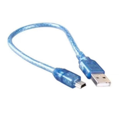 Blue USB cable with one A plug and one micro B plug on a white background