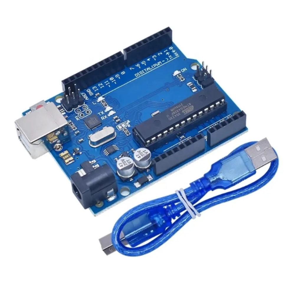 Blue electronic board with USB cable on a white background