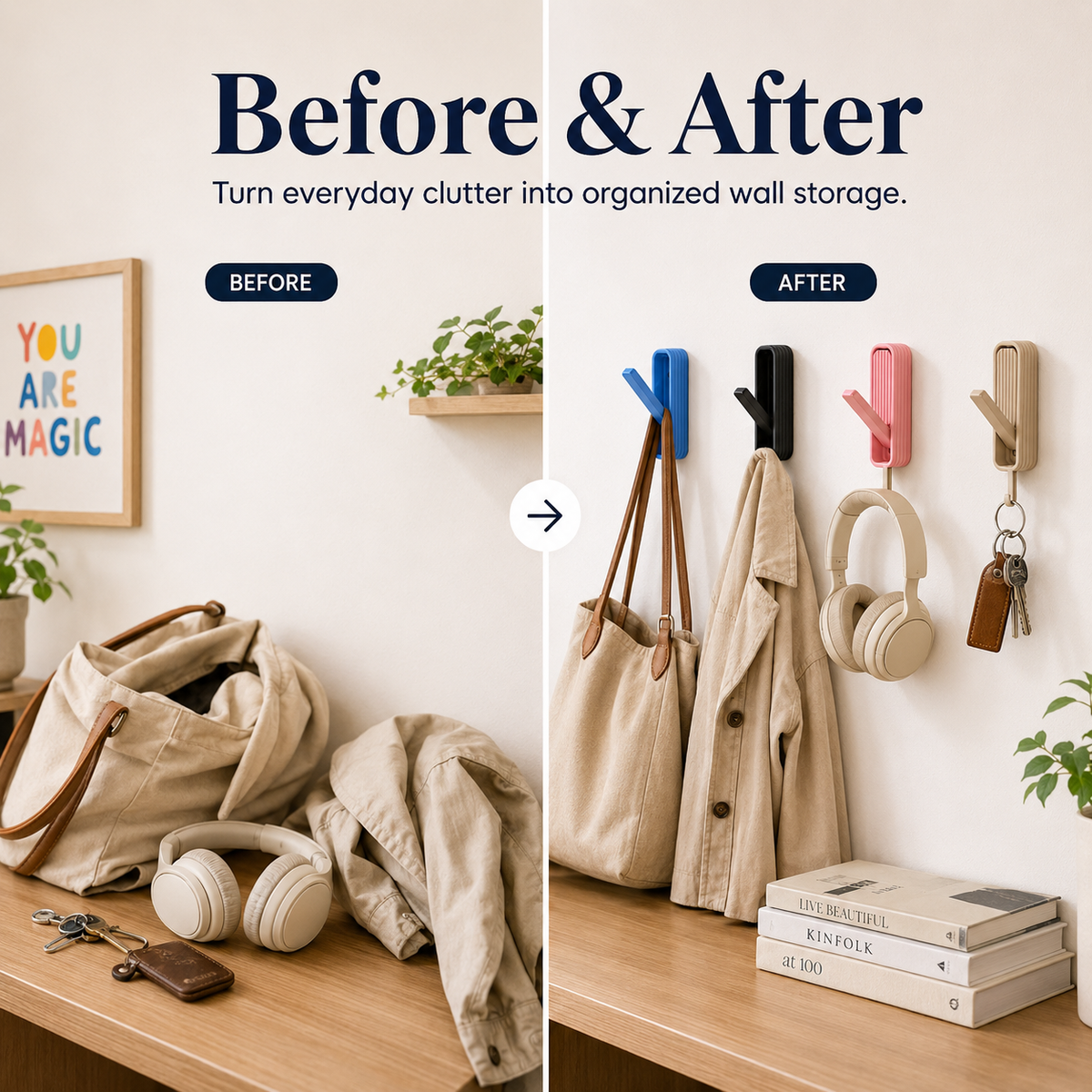 Before and after wall hook organization comparison showing a beige tote bag, cream coat, headphones, and keys hanging on wall hooks against a light wall, with text reading 'Before & After' and 'Turn everyday clutter into organized wall storage.'.