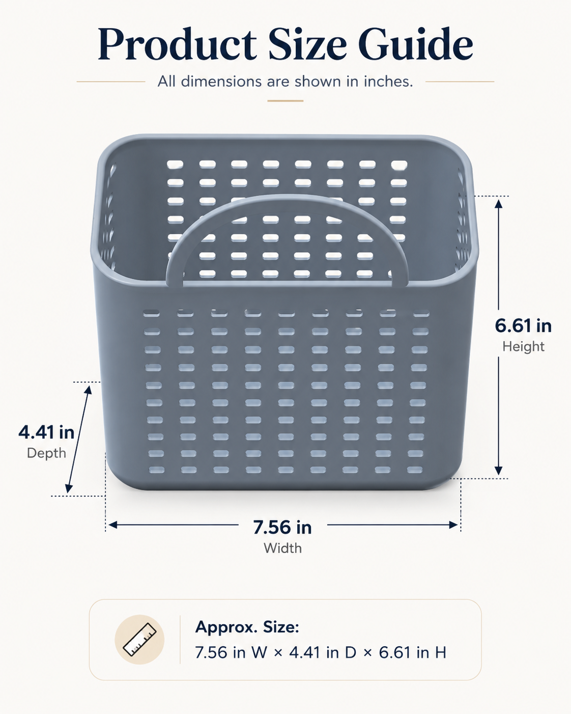 Product size guide for a gray plastic basket with dimensions labeled in inches: 7.56 in width, 6.