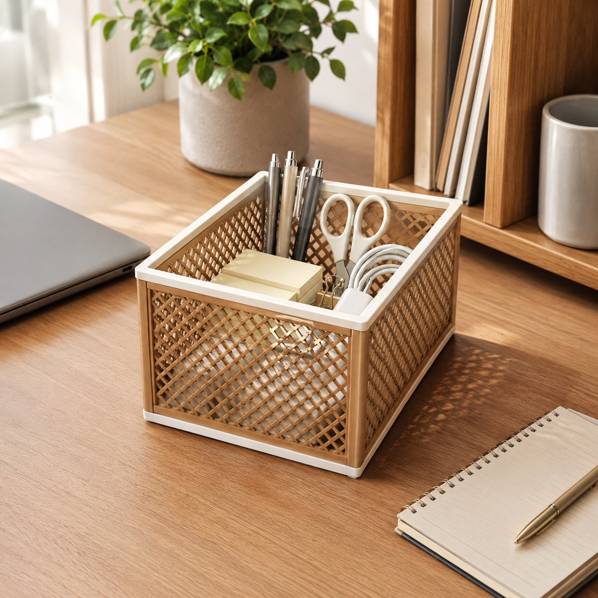 A rectangular metal desk organizer tray with a woven gold-tone pattern and white trim, holding pens, scissors, sticky notes, and a cord, placed on a wooden desk in a home office setting.