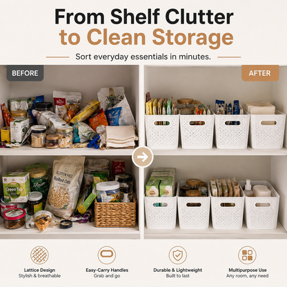 Before-and-after pantry organization comparison showing cluttered shelves on the left and neatly arranged storage with white lattice baskets on the right. Text at the top reads 'From Shelf Clutter to Clean Storage' and four feature callouts appear along the bottom.