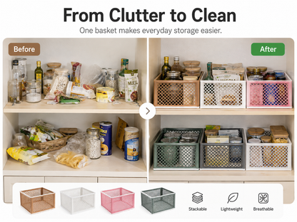 Before-and-after comparison of a two-tier wooden shelf organizer, showing cluttered shelves 'Before' and tidy, organized shelves 'After' with metal storage baskets. The bottom features product options in rose gold, white, pink, and green, with icons indicating stackable, lightweight, and breathable properties.