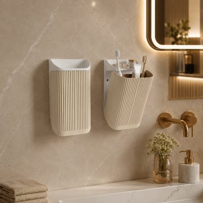 Two ribbed wall-mounted toothbrush holders in a warm cream color, mounted on a beige marble bathroom wall next to a gold faucet and mirror.