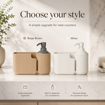 Two ribbed countertop organizer sets shown on a bathroom counter: one in beige with a dark gray pump bottle, and one in white with a white pump bottle. Text above reads 'Choose your style' with Beige Brown and White options.