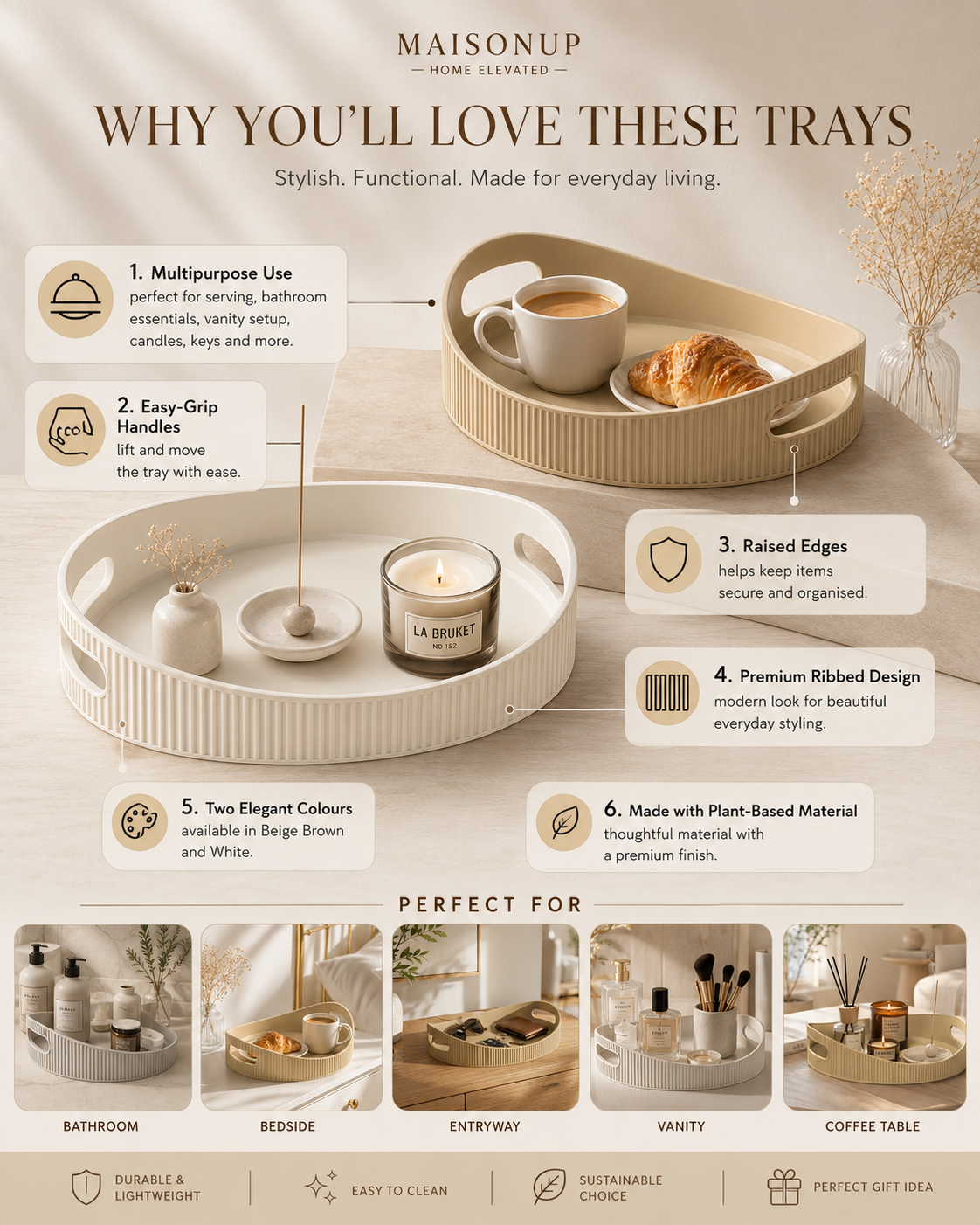 A Maisonup promotional infographic for their ceramic trays, featuring two main product views (a round tray with a lid and a matching tray with a handle) surrounded by feature callouts and lifestyle images of the trays in use on bathroom counters, vanity tables, and coffee tables.