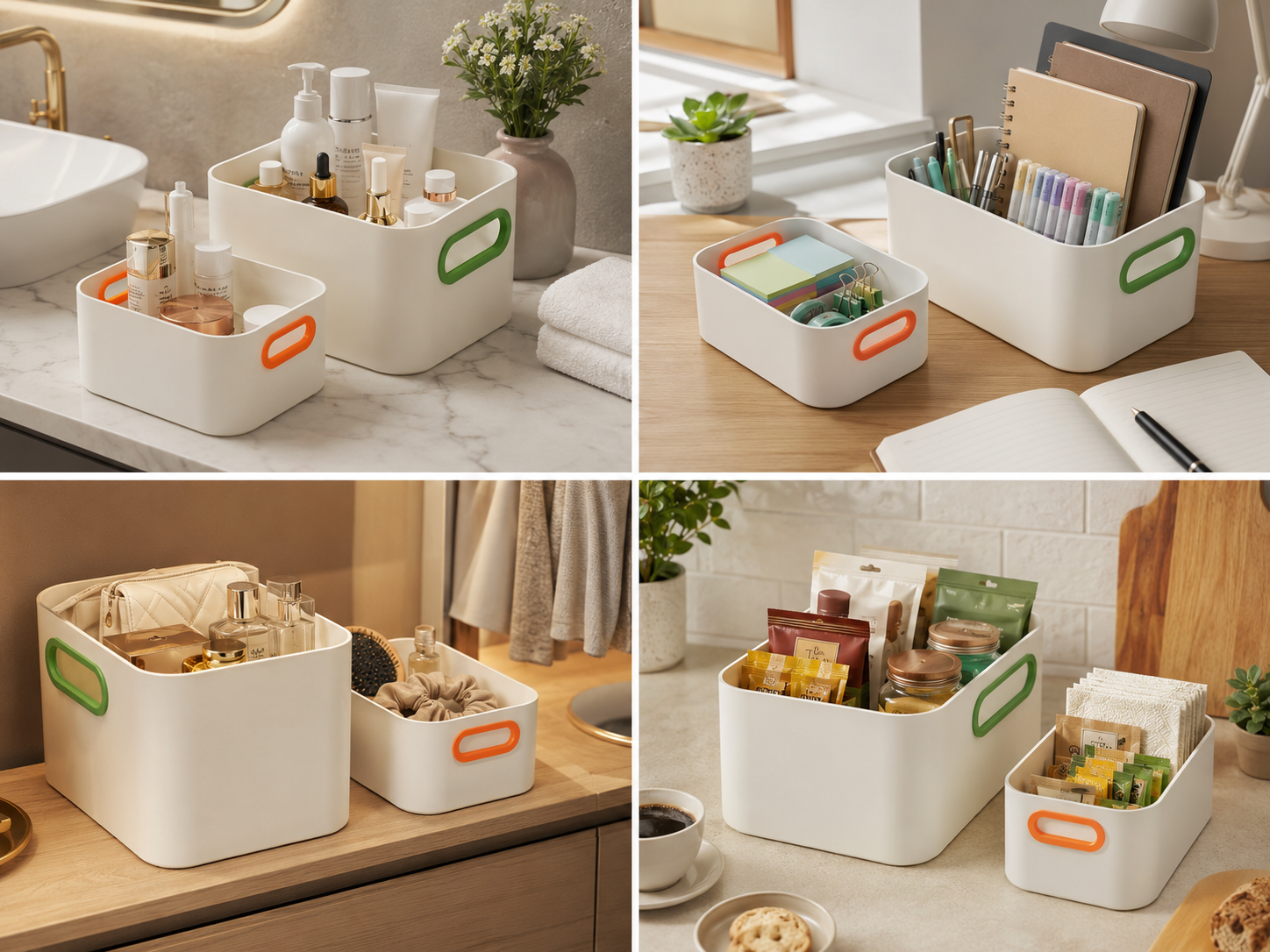 Four-panel collage showing white plastic storage bins with green and orange handles, styled in bathroom, kitchen, and desk settings with toiletries, notebooks, and household items.