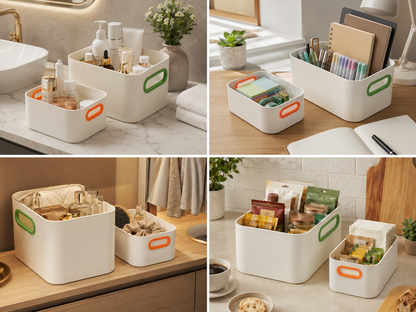 Four-panel collage showing white plastic storage bins with green and orange handles, styled in bathroom, kitchen, and desk settings with toiletries, notebooks, and household items.