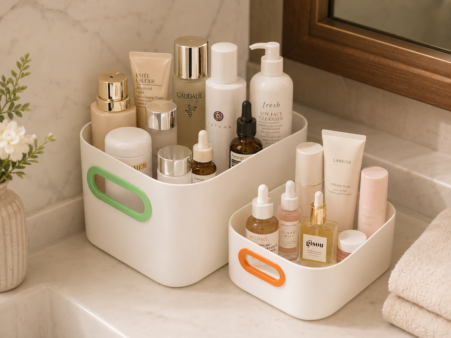 Two white plastic bathroom organizer bins with colorful handles, filled with skincare and cosmetic bottles, set on a marble bathroom counter.