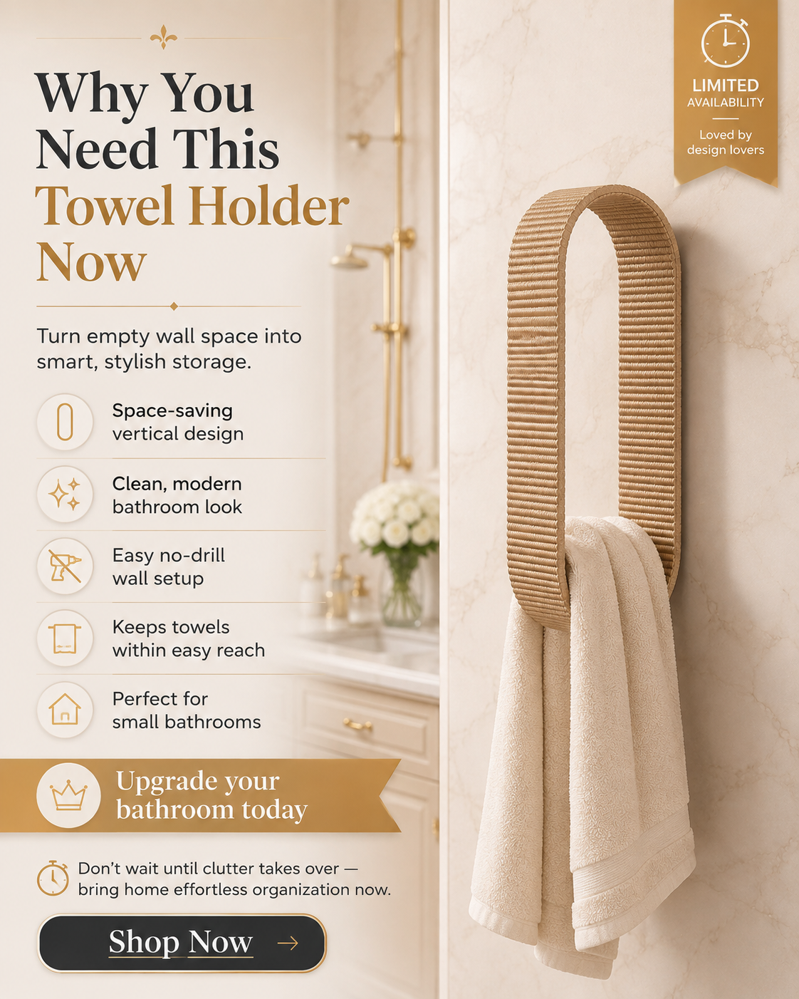 A bathroom towel holder mounted on a beige wall, holding two white towels. The left side contains marketing text about bathroom storage, icons, and a 'Shop Now' button.