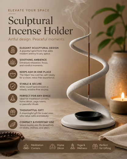 A white spiral-shaped incense holder with a single incense stick, shown on a styled tabletop with a lit candle, leaves, and text describing its benefits. The image is designed as a marketing graphic with warm brown and beige tones.