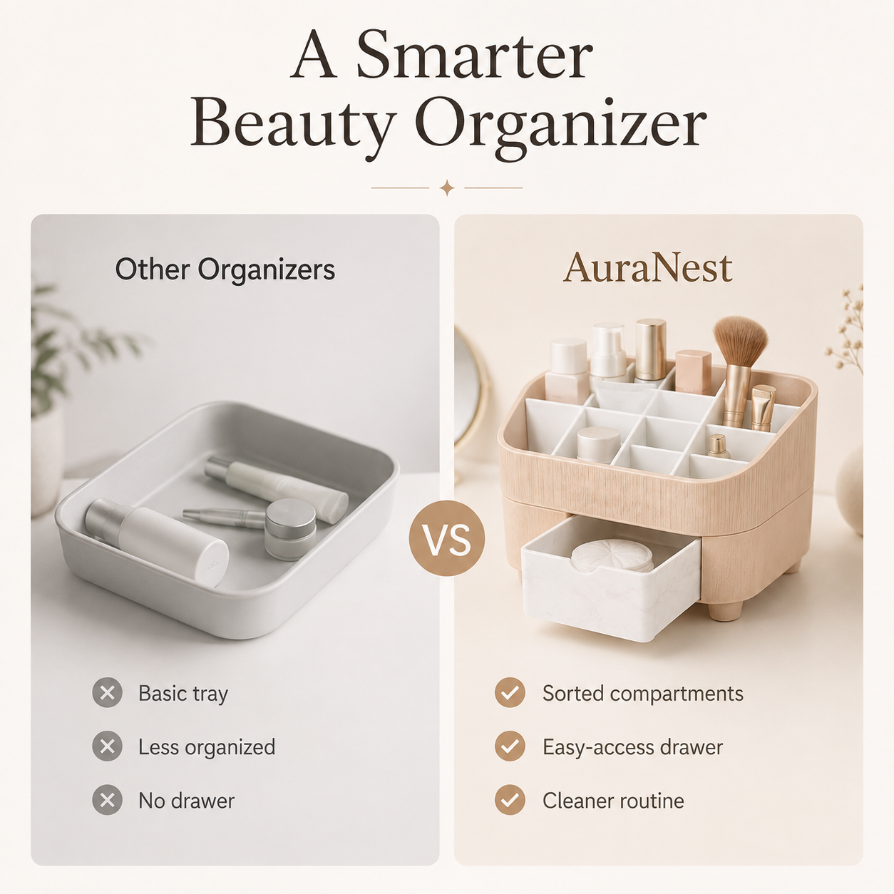 A promotional comparison graphic for a beauty organizer. The left panel shows a generic light gray makeup tray labeled 'Other Organizers' with a 'VS' badge in the center and a list of shortcomings.