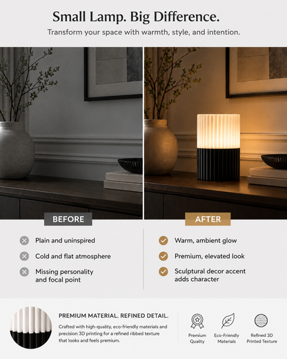 A promotional comparison graphic for a small lamp, showing a dark unlit lamp labeled 'BEFORE' and the same lamp glowing warm white with a ribbed textured shade labeled 'AFTER' in a styled interior setting. Text above reads 'Small Lamp.