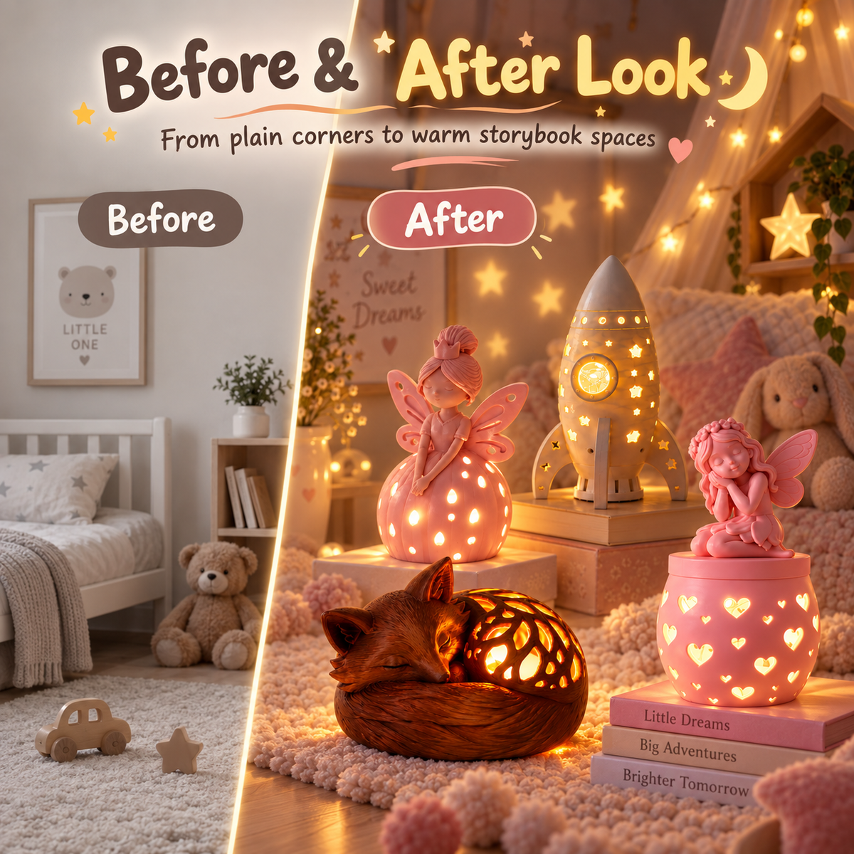 A split before-and-after promotional image for a warm fairy storybook lamp. The left side shows a child's bedroom with a bed, teddy bear, and framed bear print, labeled 'Before.