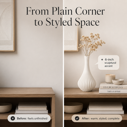 A split before-and-after interior design graphic showing a plain corner wall and shelf on the left, and a styled shelf with a ribbed white vase, dried stems, books, and bowls on the right. Large text reads 'From Plain Corner to Styled Space' with smaller callouts including 'Before: feels unfinished' and 'After: warm, styled, complete.