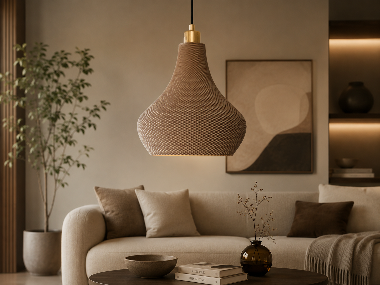 Modern living room with a textured pendant light, beige sofa, and decorative elements.