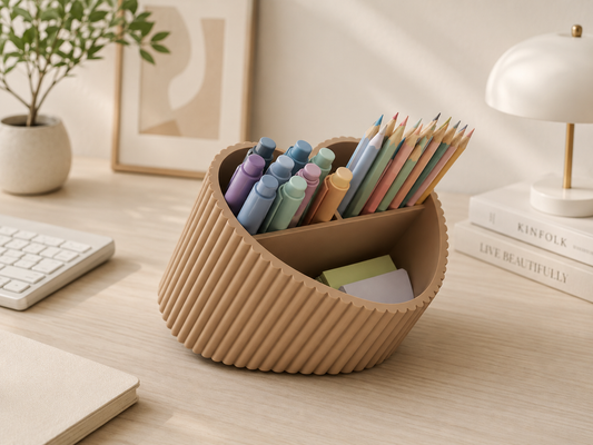 A ribbed beige desk organizer holding pastel pens and colored pencils, styled on a light wood desk with a keyboard, framed art, a plant, and a lamp in the background.