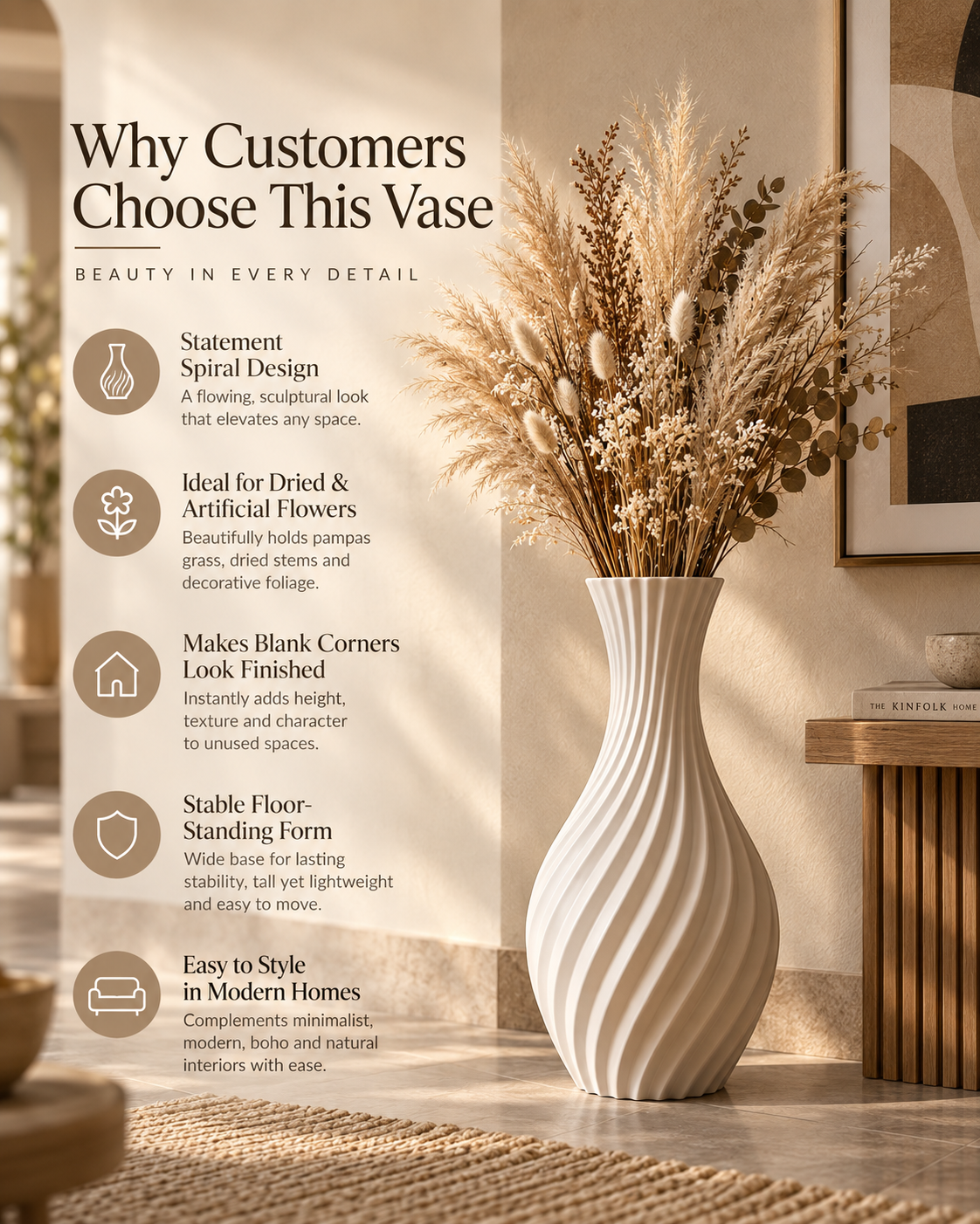 A tall ribbed white ceramic vase filled with dried grasses and pampas stems, placed on a woven rug in a warm interior setting. Text on the left reads 'Why Customers Choose This Vase' with feature callouts, and a small wooden side table is visible on the right.