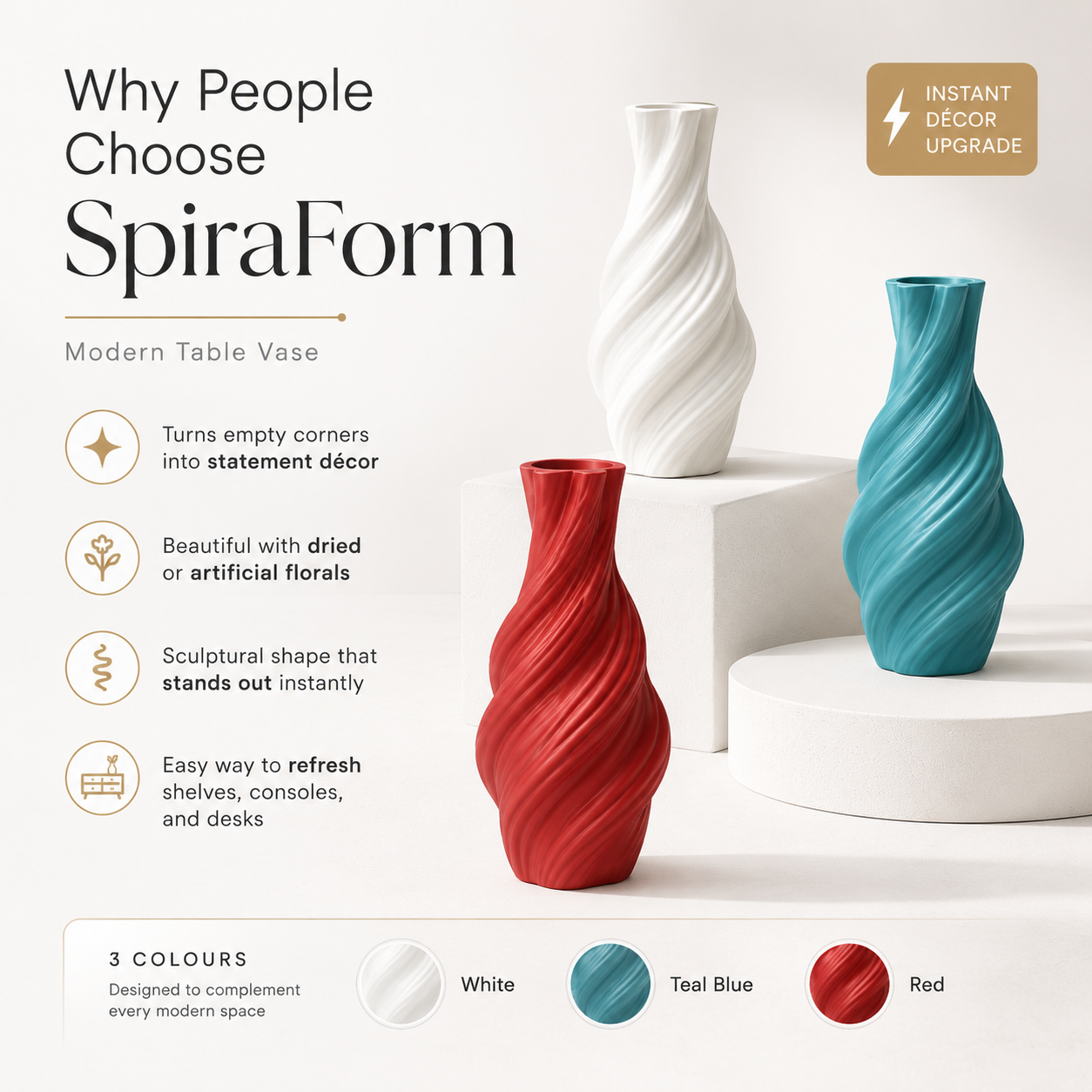 Promotional graphic for the SpiraForm modern table vase showing three color variants: white, teal blue, and red. The red vase is in the foreground on a white pedestal, with the white and teal vases in the background on white plinths.