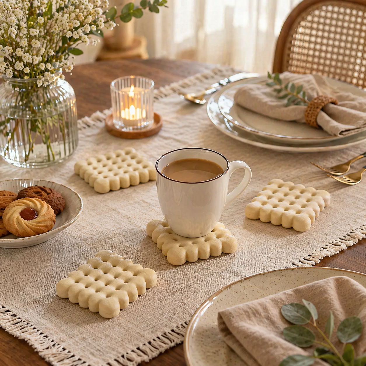 Beige biscuit coasters placed on dining table with coffee cups and decor