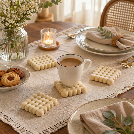 Beige biscuit coasters placed on dining table with coffee cups and decor