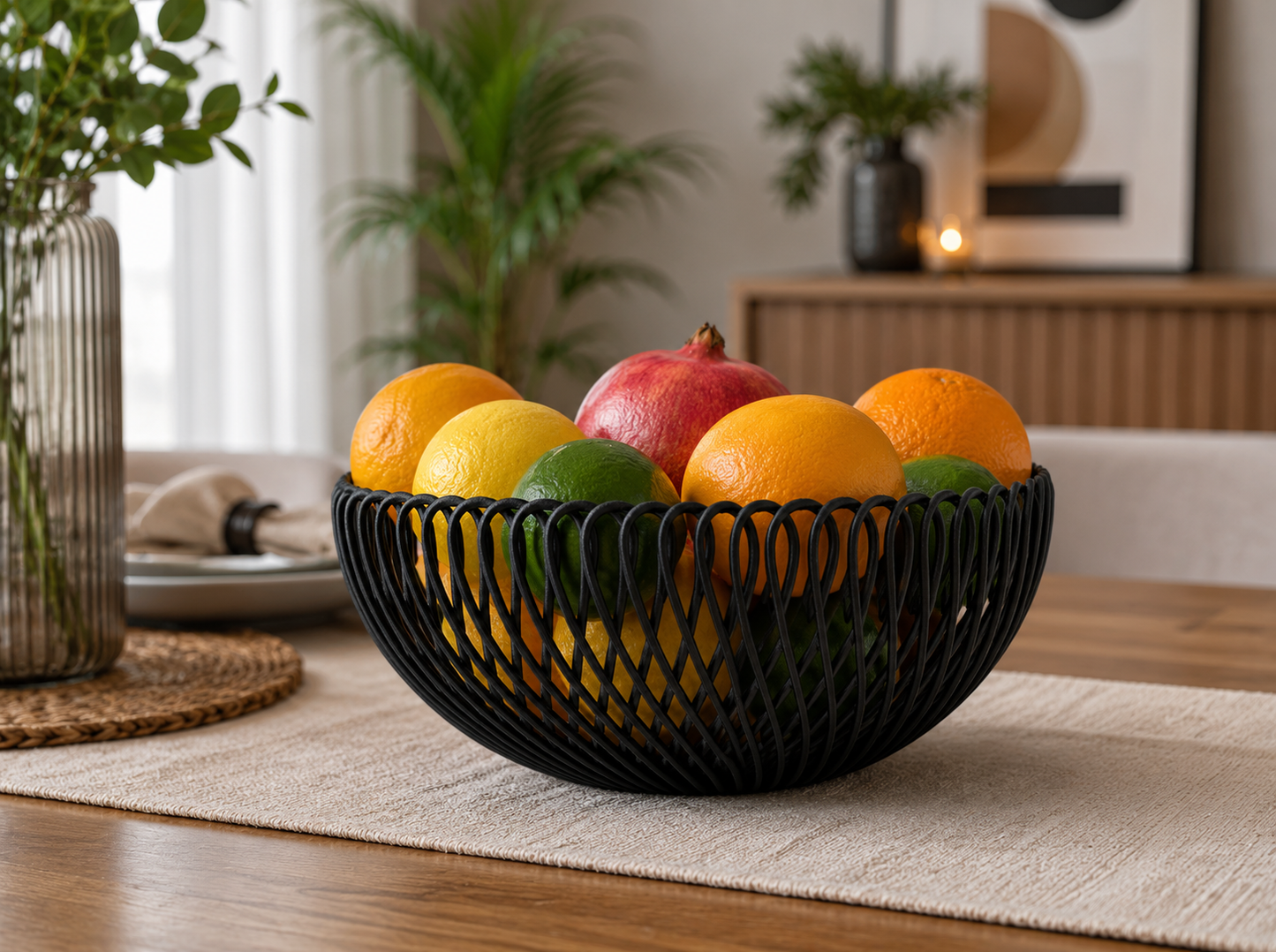 A black metal woven fruit bowl filled with citrus fruits and a red pomegranate, placed on a beige table runner in a modern, softly lit dining room.